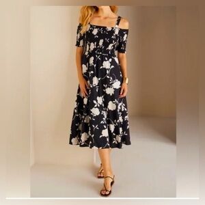 Soft Surroundings Divani Off Shoulder Smocked Black and White Floral Dress - M